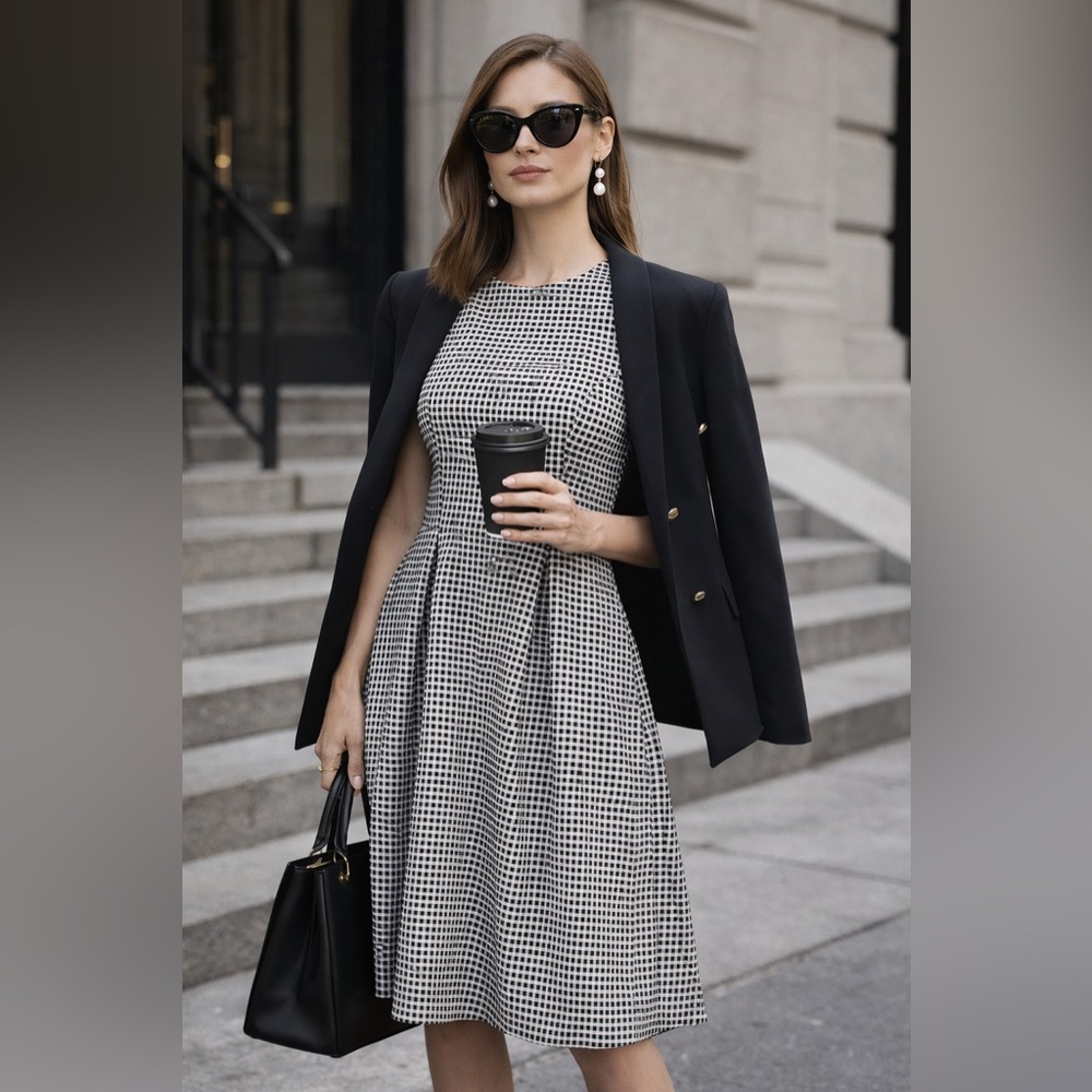Banana Republic Gingham Fit & Flare Dress Size 6 Black White Midi Career Office